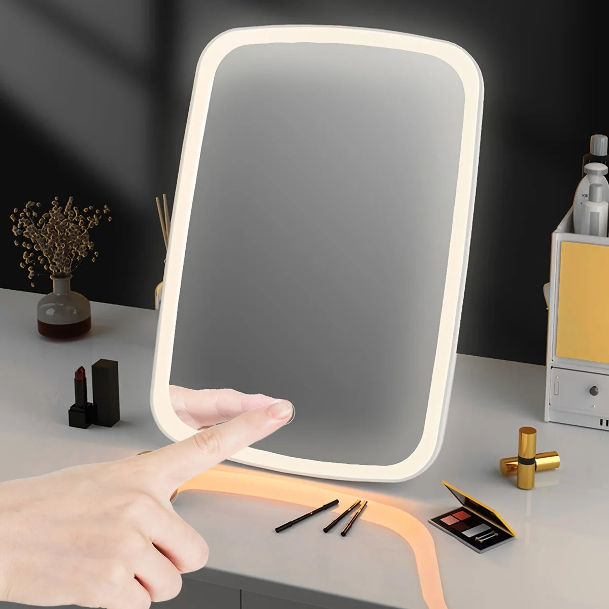Tethered Oasis LED Makeup Mirror with Touch Sensor | 3 Color Lighting & Adjustable Brightness