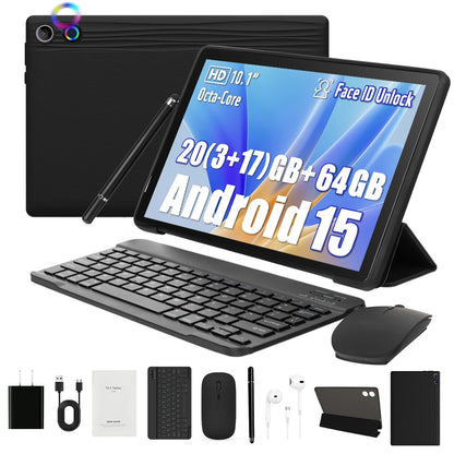 Tablet with keyboard, mouse, and accessories on a white background