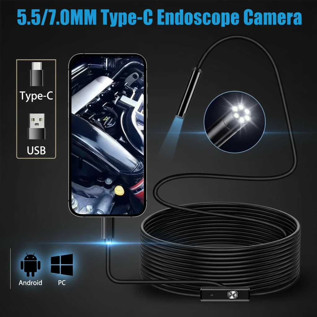 5.5/7.0MM Type-C Endoscope Camera with smartphone connection on a white background