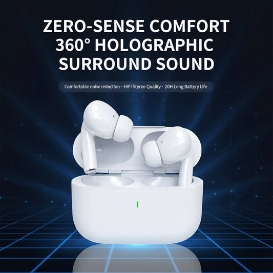 White wireless earbuds in a charging case with promotional text on a gradient background