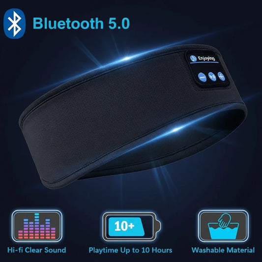 Black Bluetooth headband with control buttons on a white background