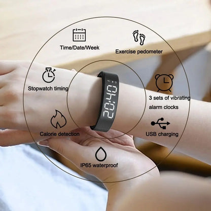LED Digital Alarm Clock Watch Snooze-proof Alarm Bracelet with Running Pedometer Waterproof Vibrating Alarm