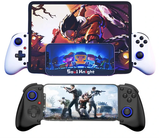 Two game controllers with screens displaying different games on a white background.