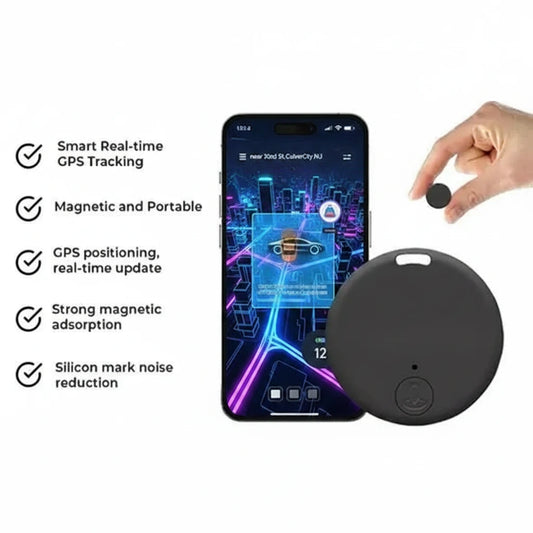 Smart GPS tracker with phone app displaying location on a white background