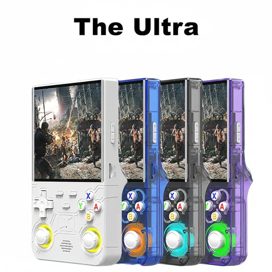 Four handheld game consoles in different colors with a screen displaying a scene from a video game.