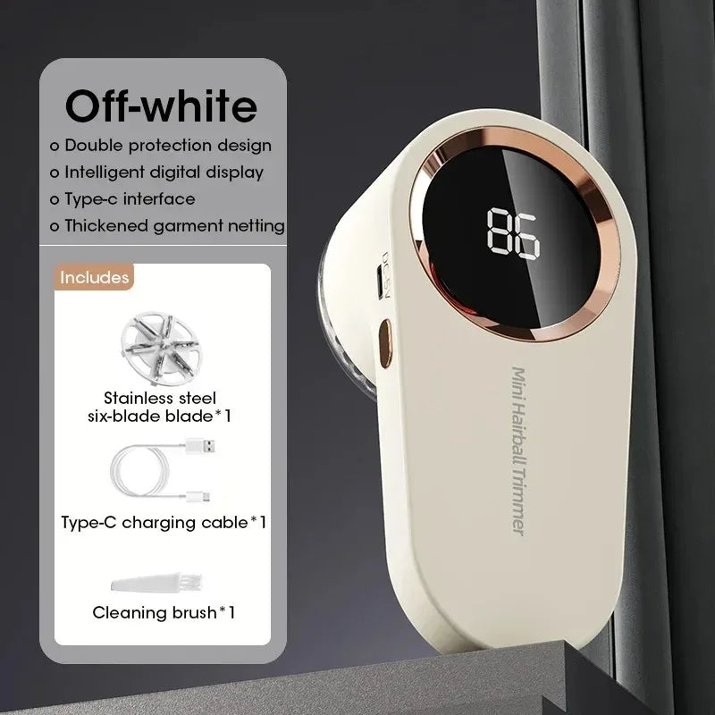 White hair trimmer with digital display and charging cable on a dark background