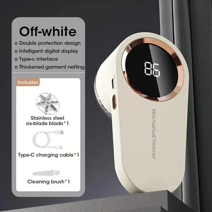 White hair trimmer with digital display and charging cable on a dark background