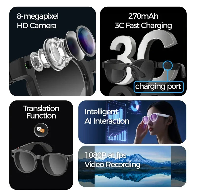 AI Smart Glasses 4K – Camera, Bluetooth, AI Translation.
