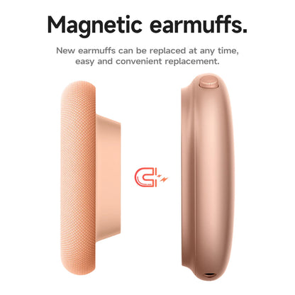 Rose gold magnetic earmuffs with text on a white background