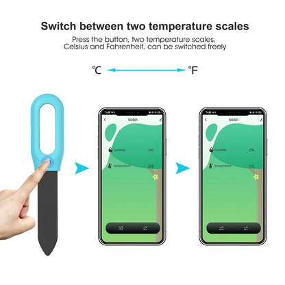 Temperature sensor device with smartphone app showing temperature readings on a white background