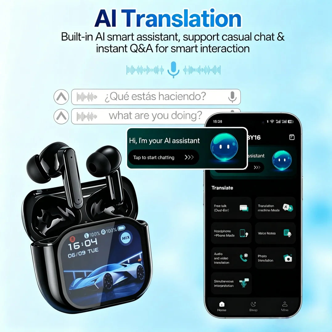 Tethered Oasis AI Translator Earbuds – Instant 165-Language Translation, ANC Noise Cancelling, HiFi Sound & Smart Touch Screen