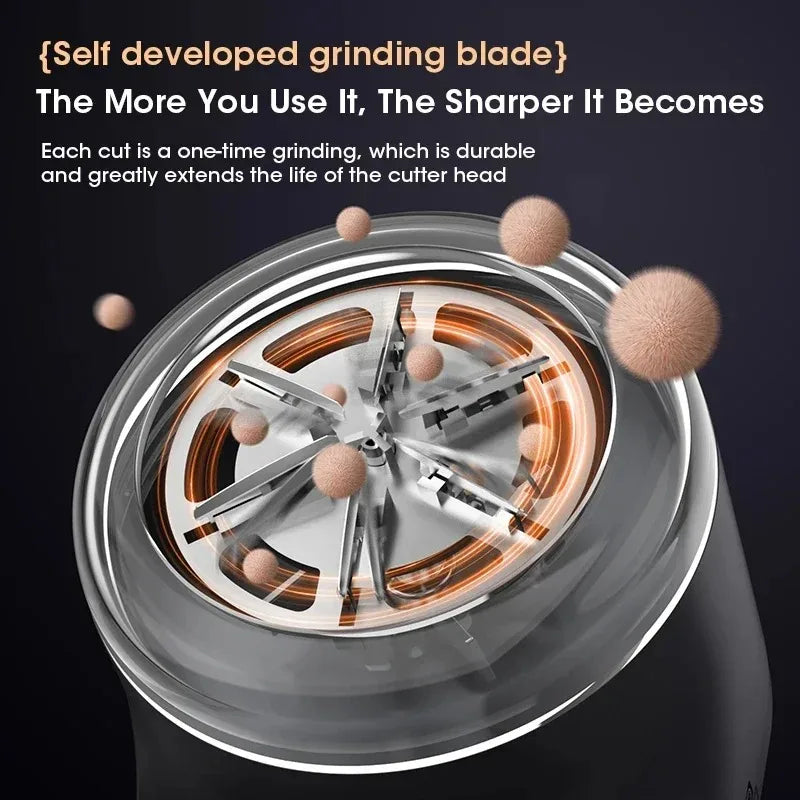 Close-up of a grinding blade with text highlighting its self-developed feature and benefits.
