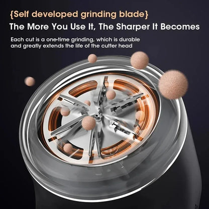 Close-up of a grinding blade with text highlighting its self-developed feature and benefits.