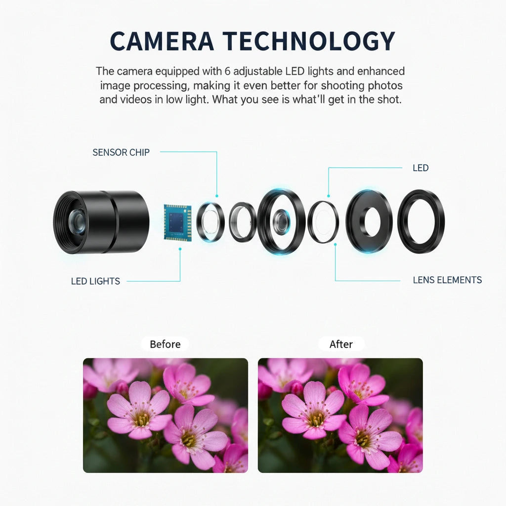 Camera technology illustration with close-up of camera lens and flowers.