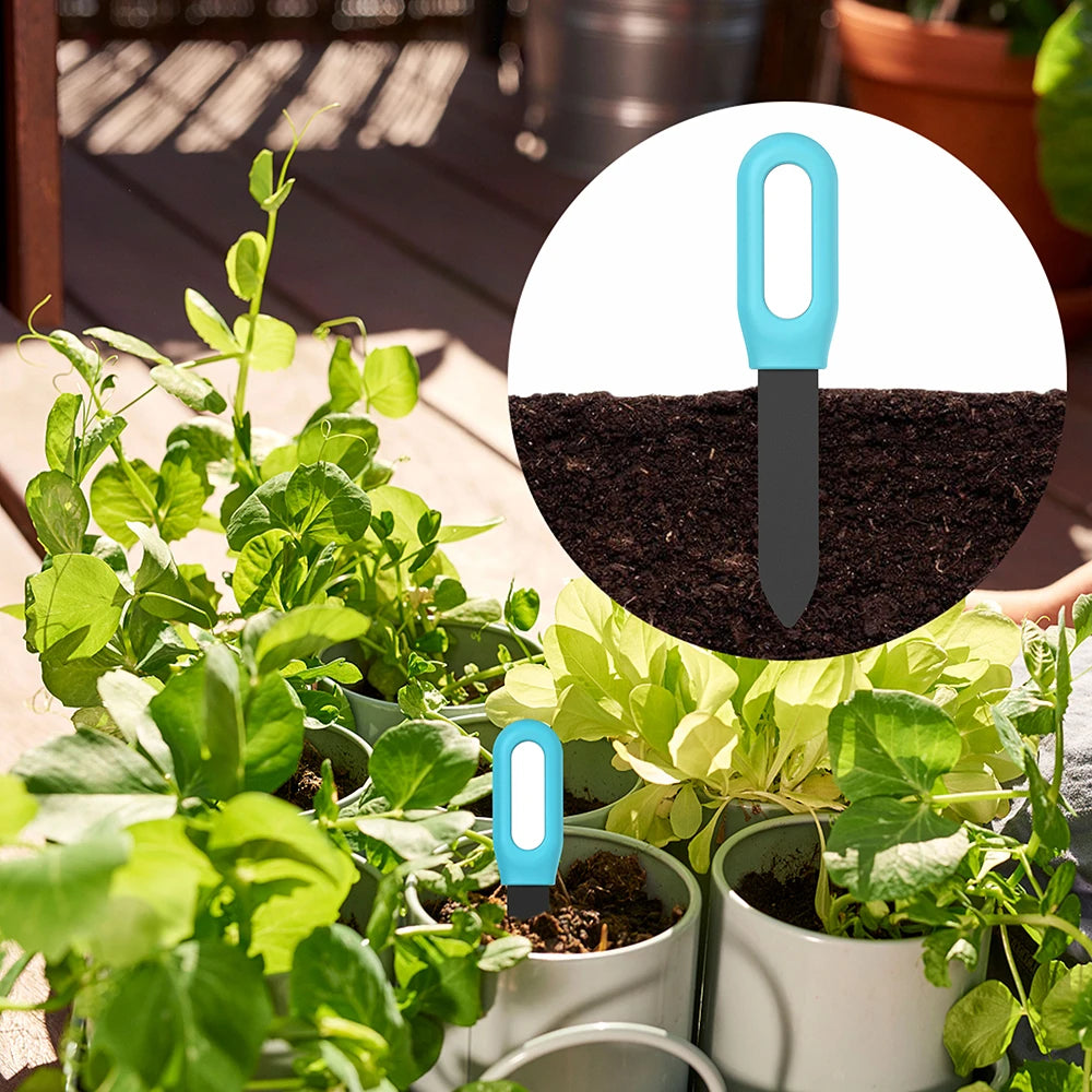 Gardening tool with blue handle in soil surrounded by potted plants on a patio.