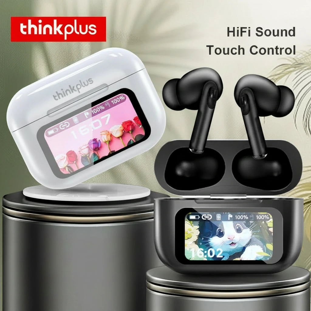 Thinkplus wireless earbuds with charging case and touch screen display on a decorative background