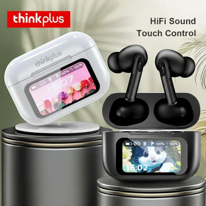 Thinkplus wireless earbuds with charging case and touch screen display on a decorative background