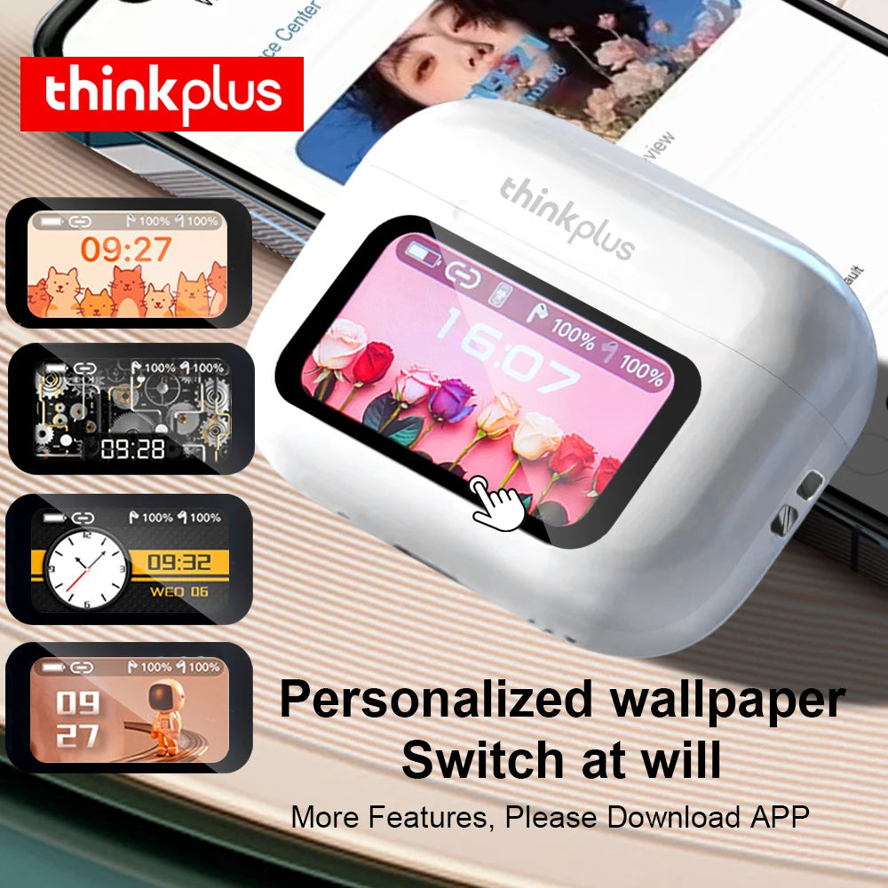 Thinkplus device with customizable wallpaper display on a wooden surface