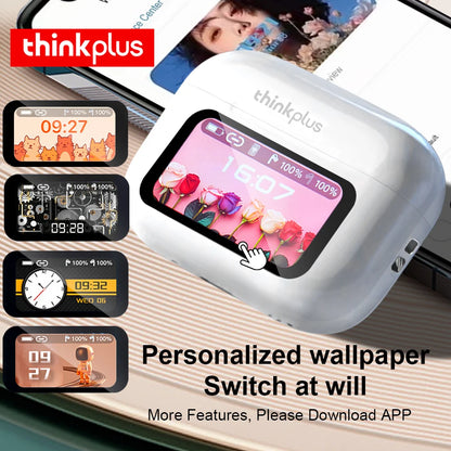 Thinkplus device with customizable wallpaper display on a wooden surface