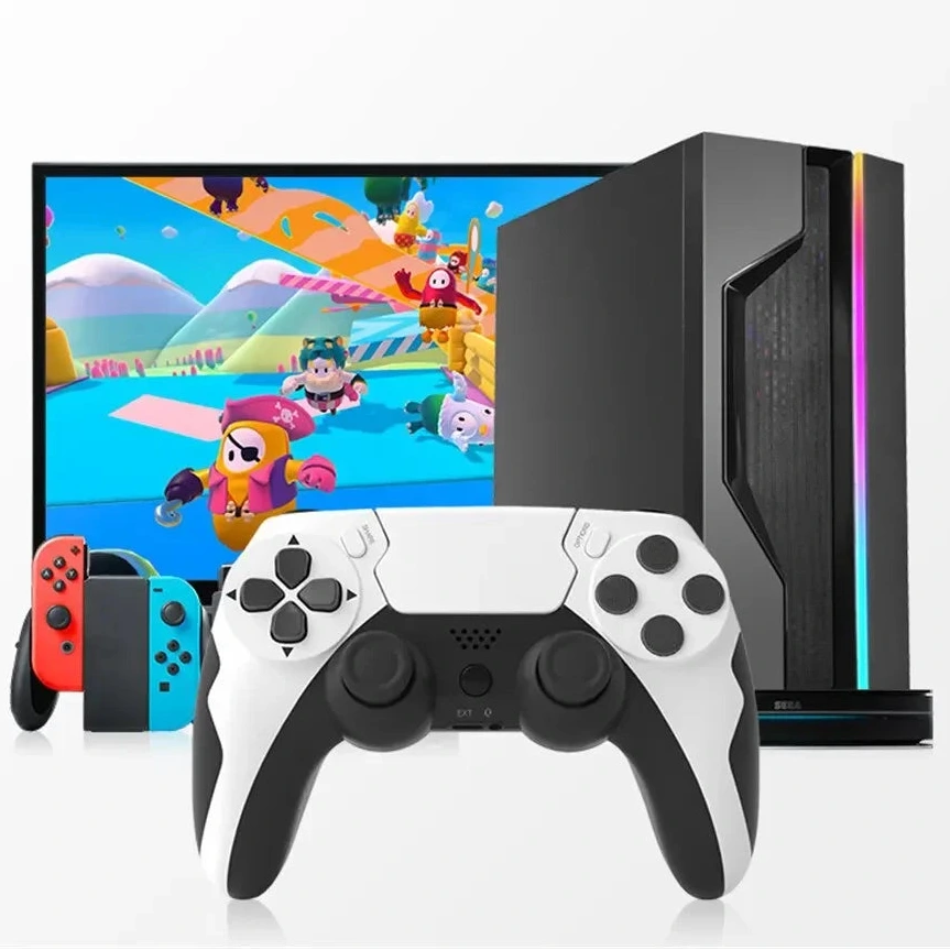 Gaming console with controller and screen displaying a colorful game interface.