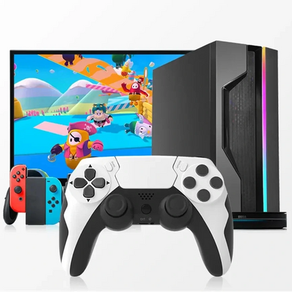 Gaming console with controller and screen displaying a colorful game interface.