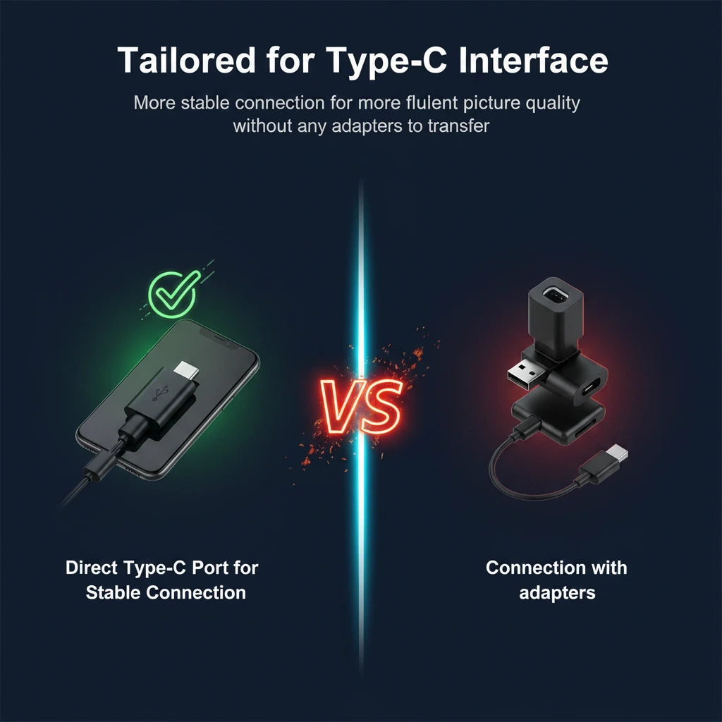 Comparison of direct Type-C connection and connection with adapters for a stable and fluent picture transfer.